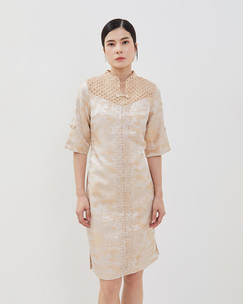 Emilia Cheongsam Dress - Midi Shift Jacquard Dress