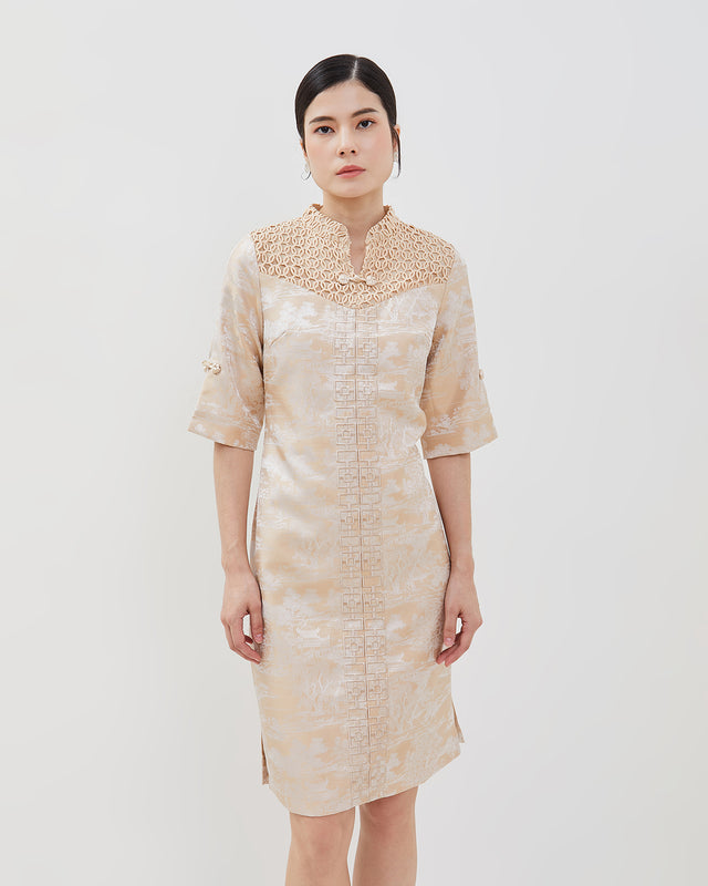 Emilia Cheongsam Dress - Midi Shift Jacquard Dress