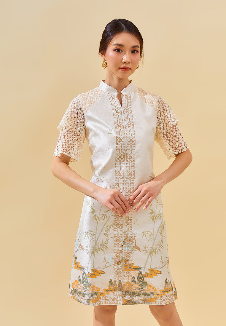 Everee Cheongsam Dress – Modern Qipao Midi Dress with Lace & Embroidery in Silver