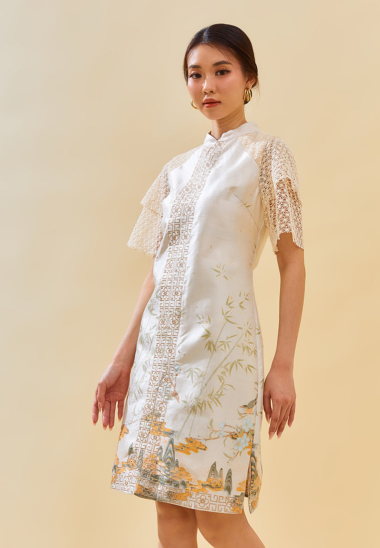 Everee Cheongsam Dress – Modern Qipao Midi Dress with Lace & Embroidery in Silver