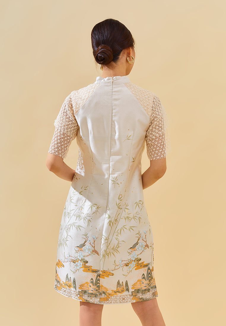 Everee Cheongsam Dress – Modern Qipao Midi Dress with Lace & Embroidery in Silver