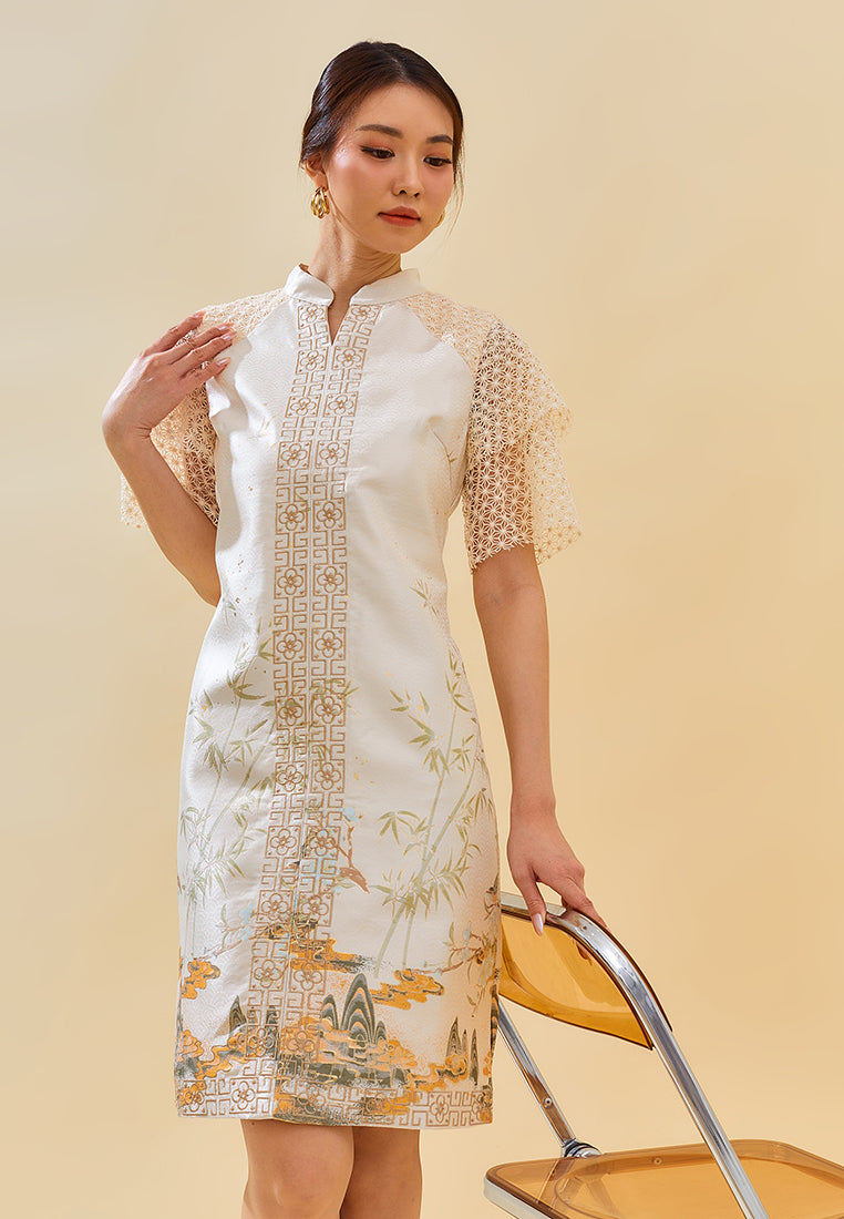 Everee Cheongsam Dress – Modern Qipao Midi Dress with Lace & Embroidery in Silver