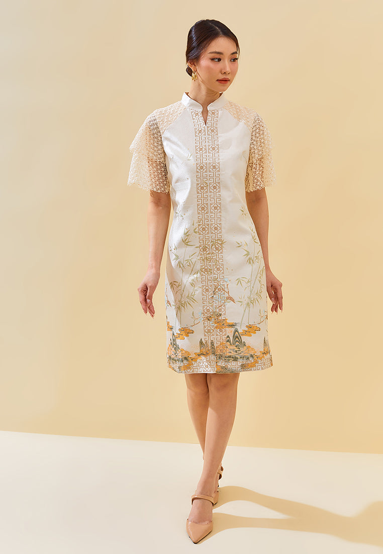 Everee Cheongsam Dress – Modern Qipao Midi Dress with Lace & Embroidery in Silver