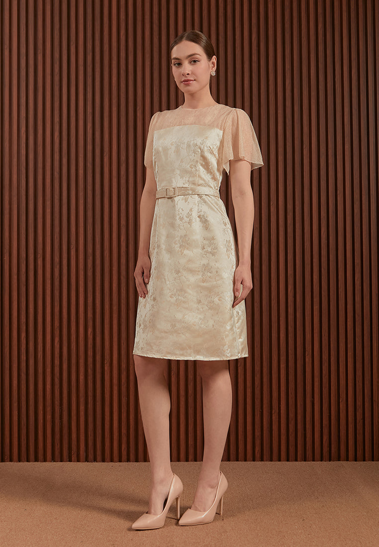 Hilary Dress in Pink & Gold - Jacquard A-Line Women Dress