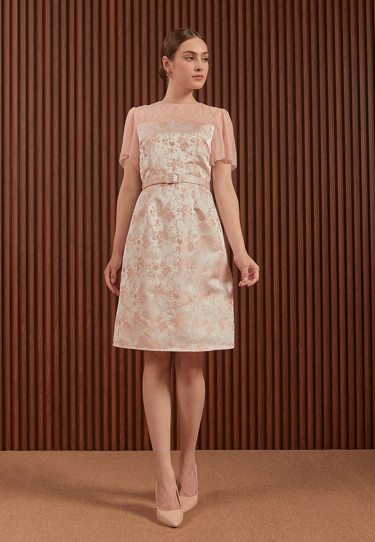 Hilary Dress in Pink & Gold - Jacquard A-Line Women Dress