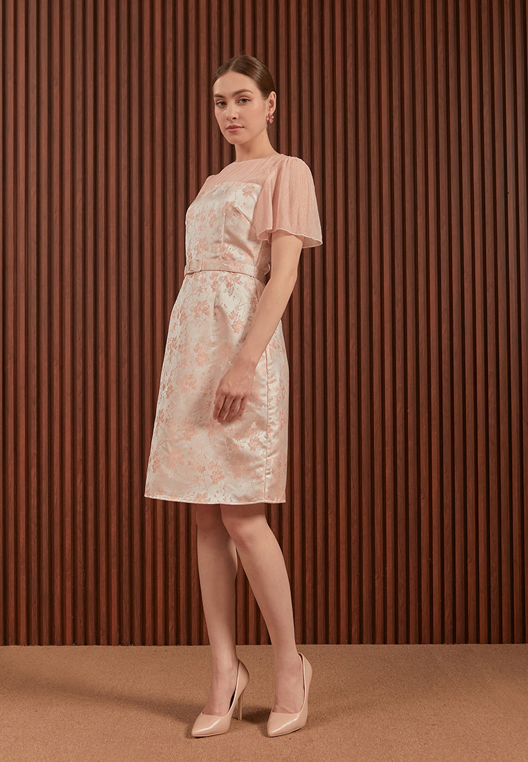Hilary Dress in Pink & Gold - Jacquard A-Line Women Dress