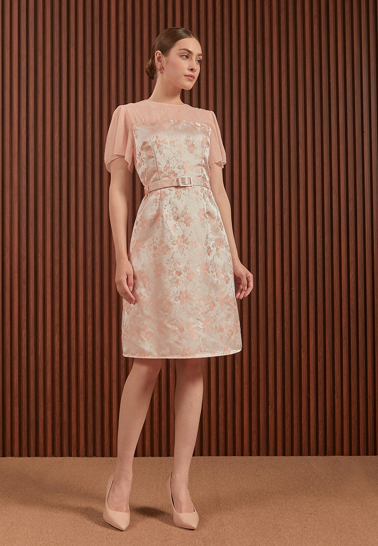 Hilary Dress in Pink & Gold - Jacquard A-Line Women Dress