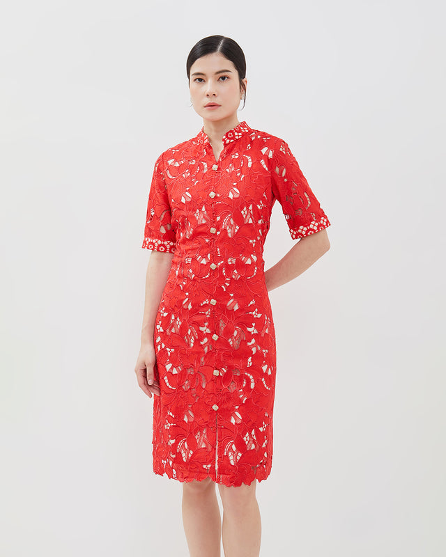 Katie Cheongsam Dress - Floral Lace Knee-Length Dress