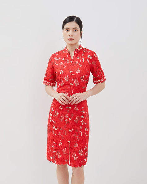 Katie Cheongsam Dress - Floral Lace Knee-Length Dress