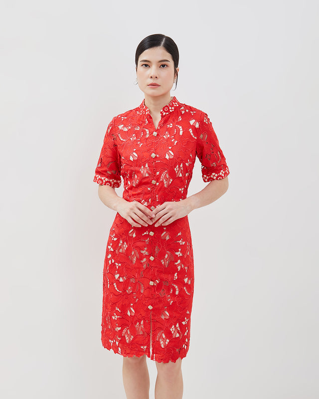 Katie Cheongsam Dress - Floral Lace Knee-Length Dress