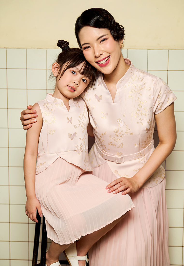 Little Kelsey Dress – Fit & Flare Jacquard Chiffon Peplum Dress in Blue & Pink