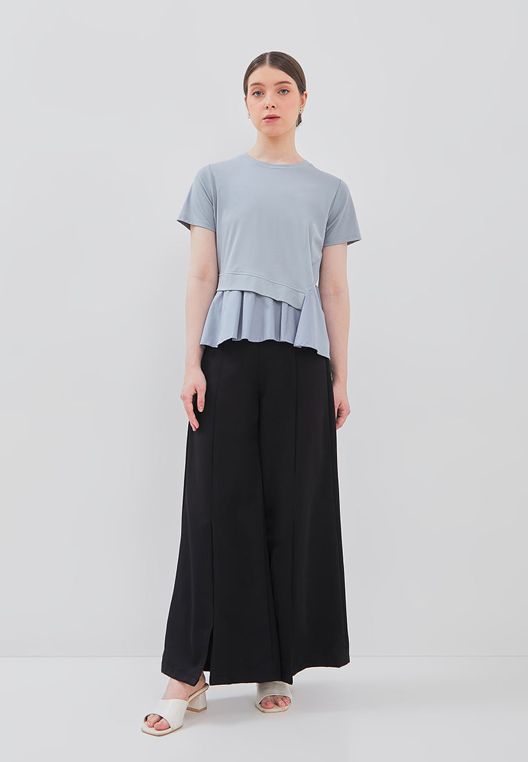 Leva Top - Peplum Chiffon Top in White & Blue