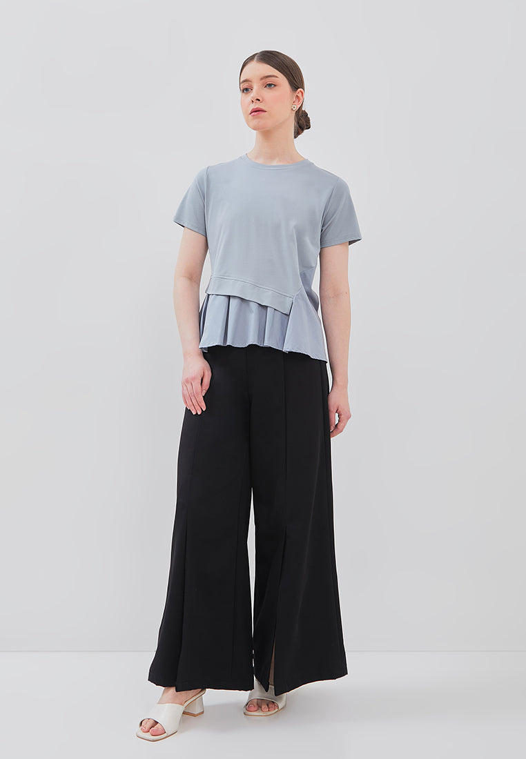 Leva Top - Peplum Chiffon Top in White & Blue