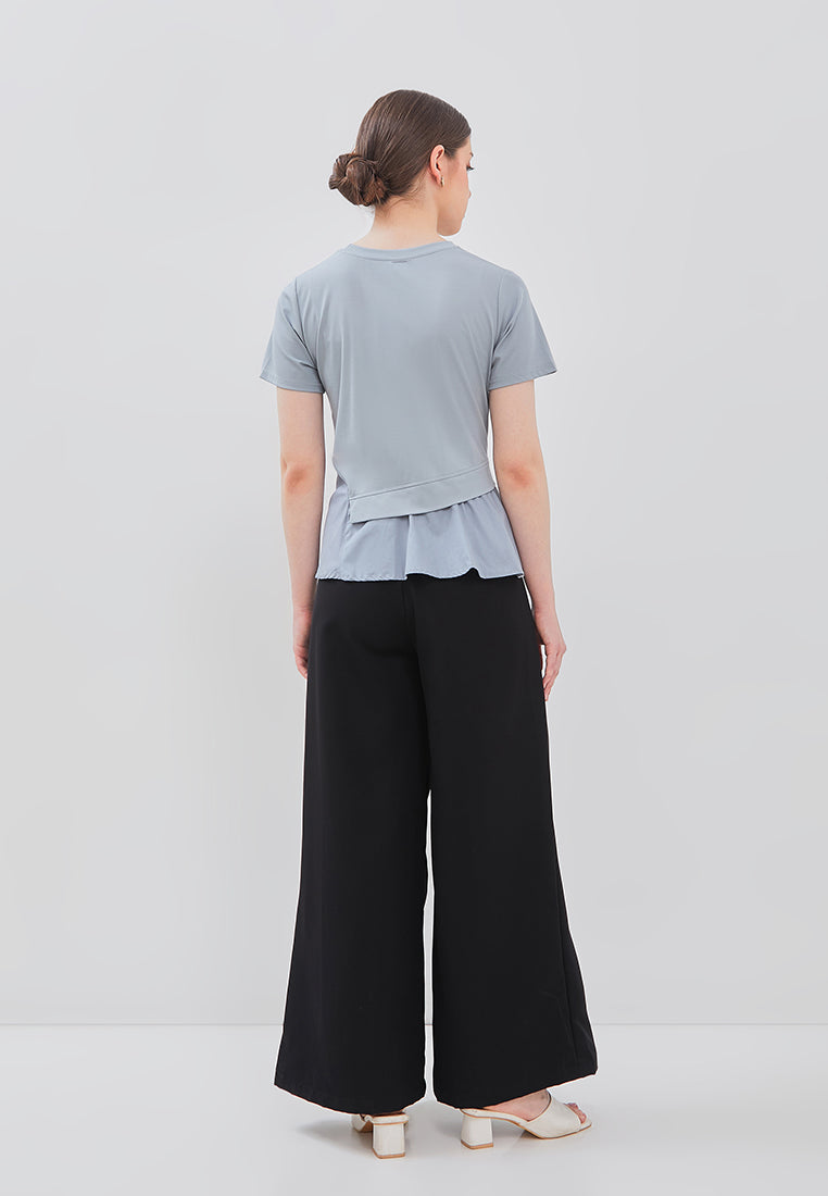 Leva Top - Peplum Chiffon Top in White & Blue