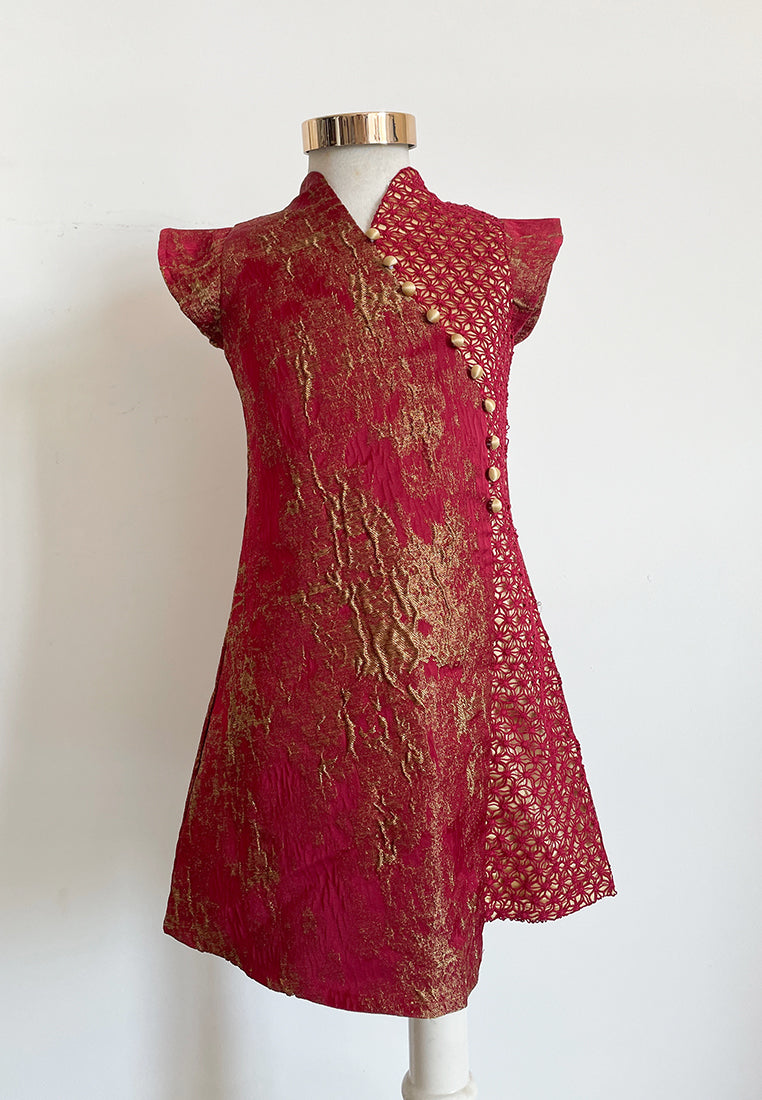Little Vienna Dress – Modern Cheongsam Jacquard Lace Midi Dress in Red & Green