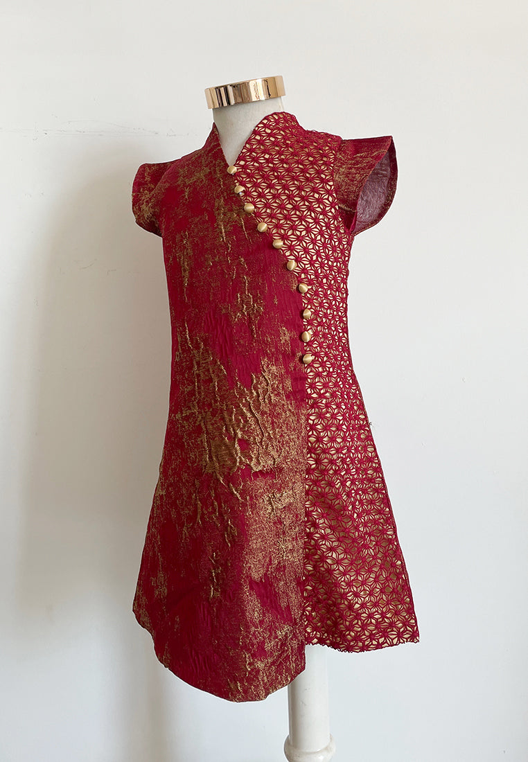 Little Vienna Dress – Modern Cheongsam Jacquard Lace Midi Dress in Red & Green