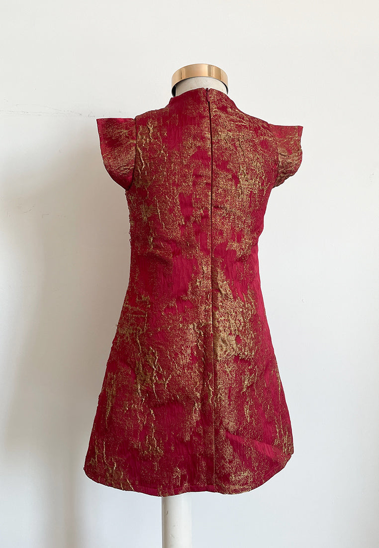 Little Vienna Dress – Modern Cheongsam Jacquard Lace Midi Dress in Red & Green