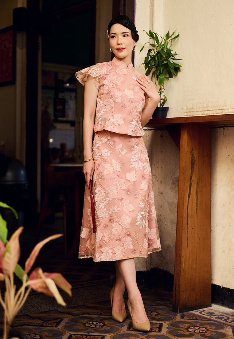 Mannie Skirt – Embroidered Leaf Tulle Lace Midi Flared Skirt in Pink