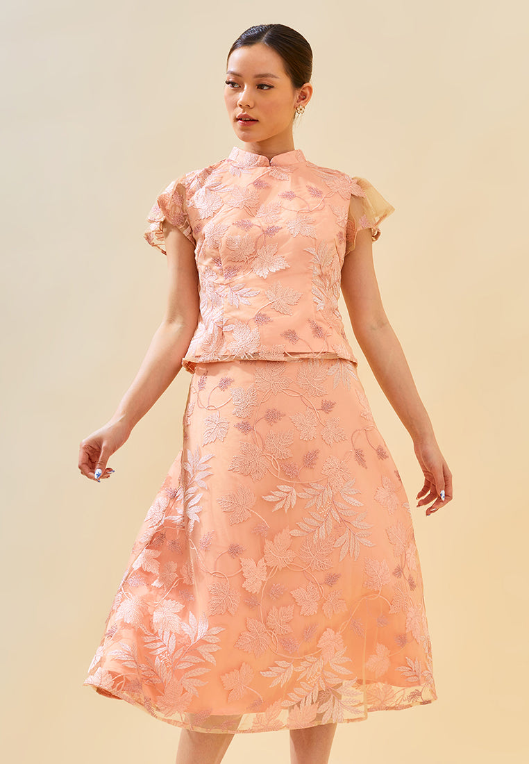 Mannie Skirt – Embroidered Leaf Tulle Lace Midi Flared Skirt in Pink