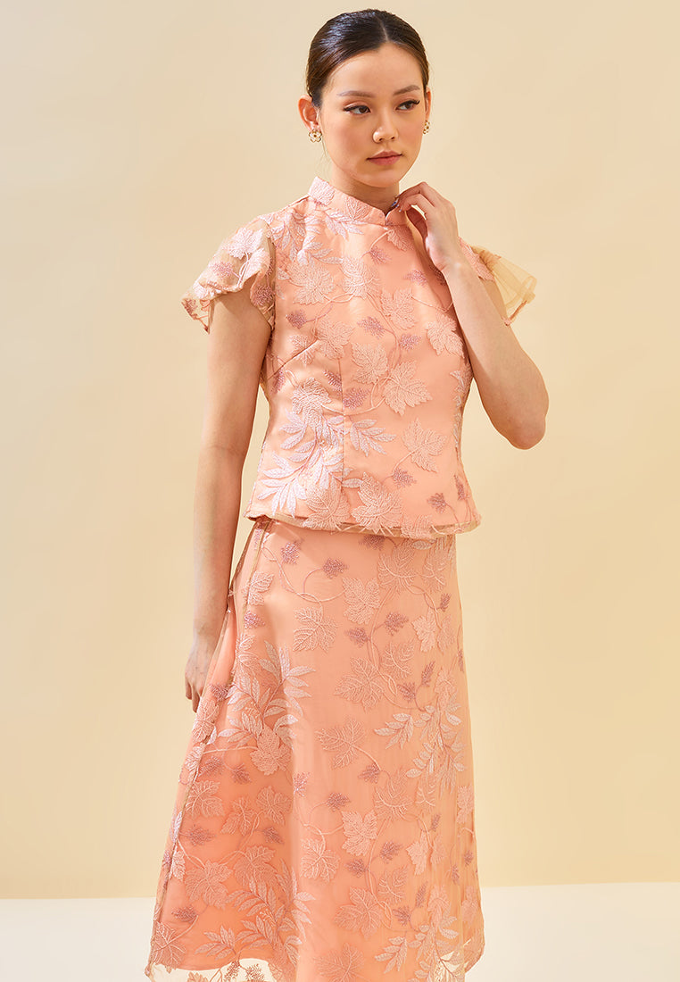 Mannie Skirt – Embroidered Leaf Tulle Lace Midi Flared Skirt in Pink