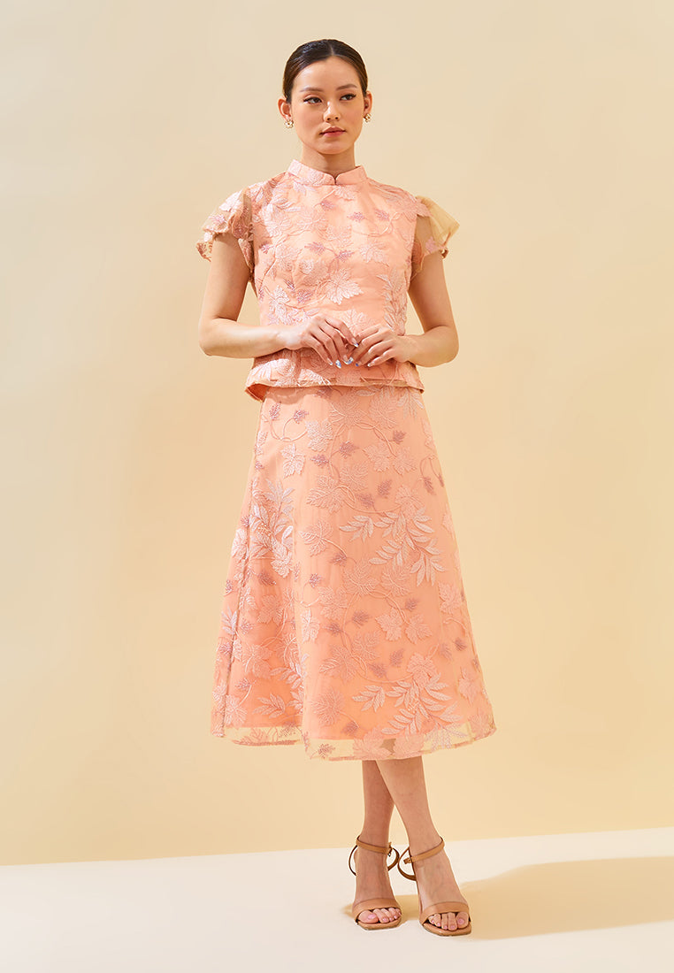 Mannie Skirt – Embroidered Leaf Tulle Lace Midi Flared Skirt in Pink