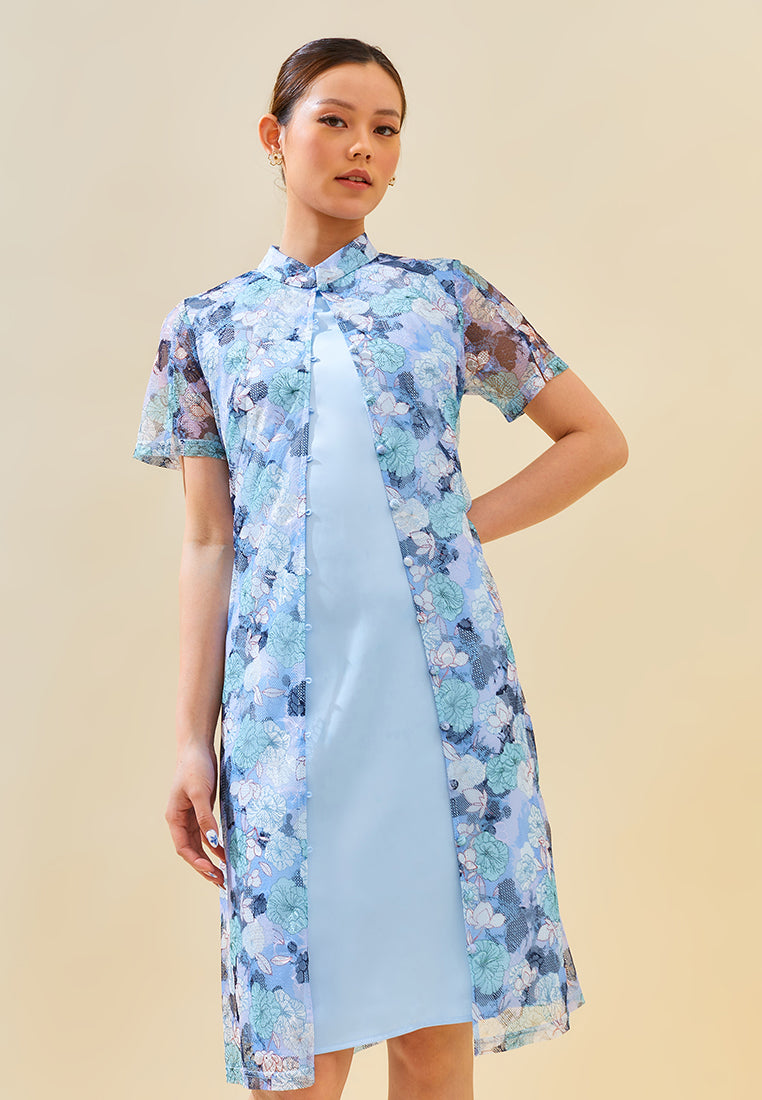 Mindy Cheongsam Dress – Modern Floral Lace Qipao Dress in Blue & Pink