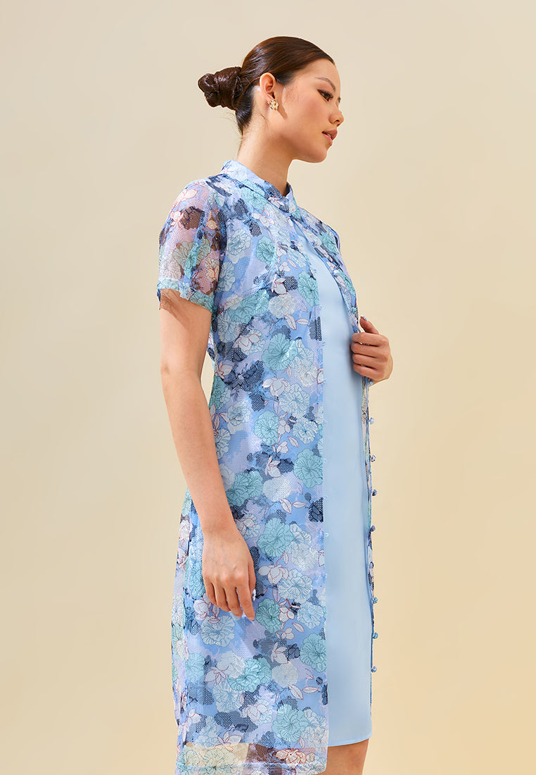 Mindy Cheongsam Dress – Modern Floral Lace Qipao Dress in Blue & Pink