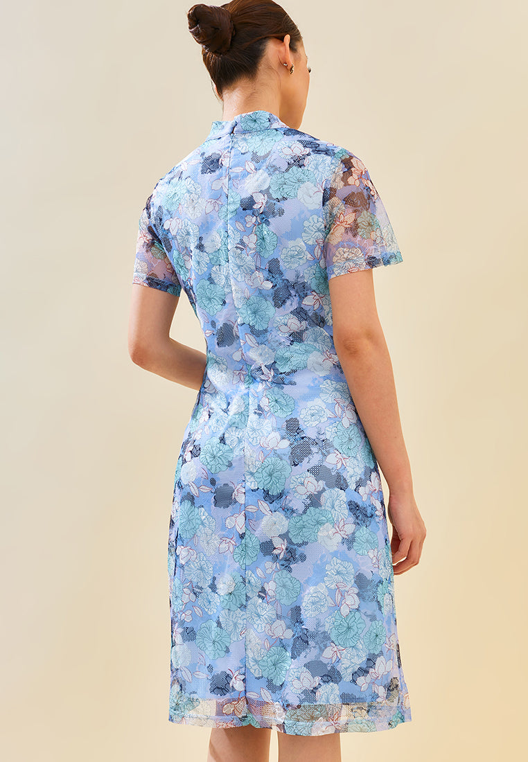 Mindy Cheongsam Dress – Modern Floral Lace Qipao Dress in Blue & Pink