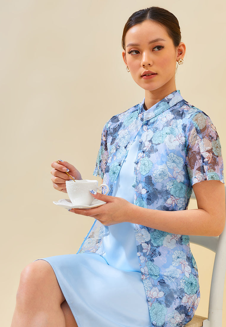 Mindy Cheongsam Dress – Modern Floral Lace Qipao Dress in Blue & Pink