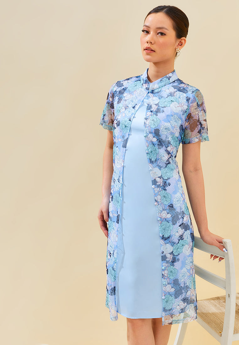 Mindy Cheongsam Dress – Modern Floral Lace Qipao Dress in Blue & Pink