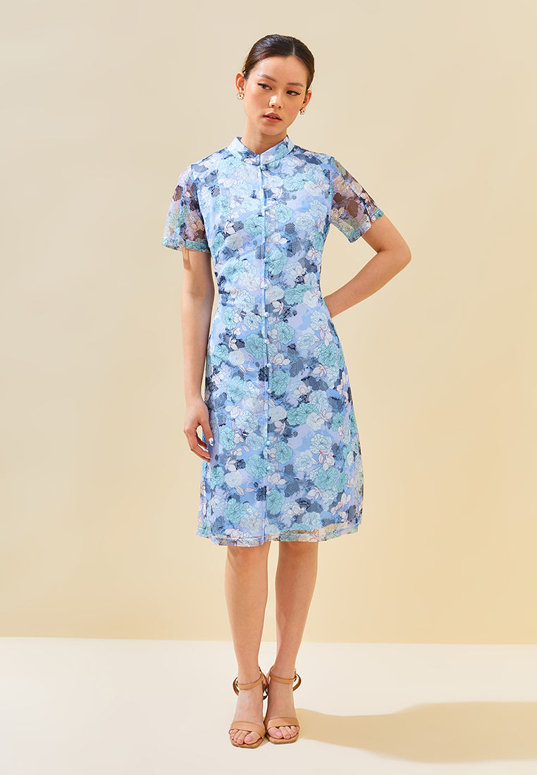 Mindy Cheongsam Dress – Modern Floral Lace Qipao Dress in Blue & Pink