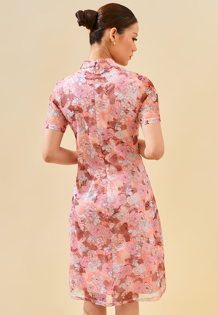 Mindy Cheongsam Dress – Modern Floral Lace Qipao Dress in Blue & Pink