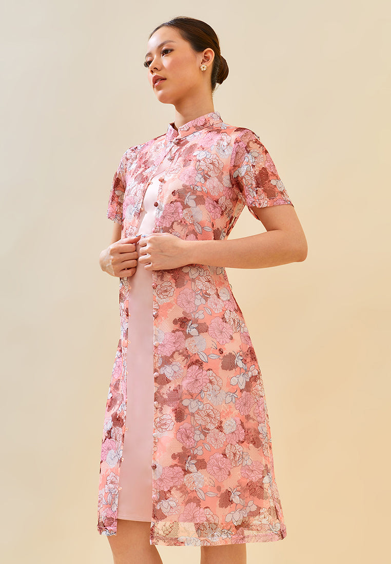 Mindy Cheongsam Dress – Modern Floral Lace Qipao Dress in Blue & Pink