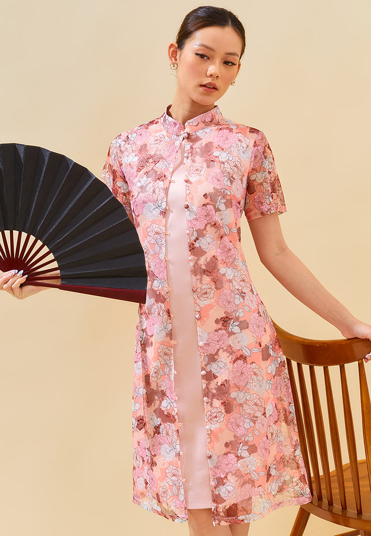 Mindy Cheongsam Dress – Modern Floral Lace Qipao Dress in Blue & Pink