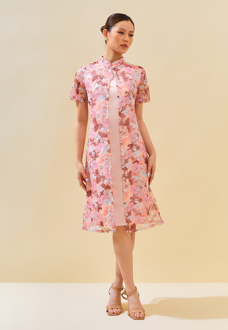 Mindy Cheongsam Dress – Modern Floral Lace Qipao Dress in Blue & Pink