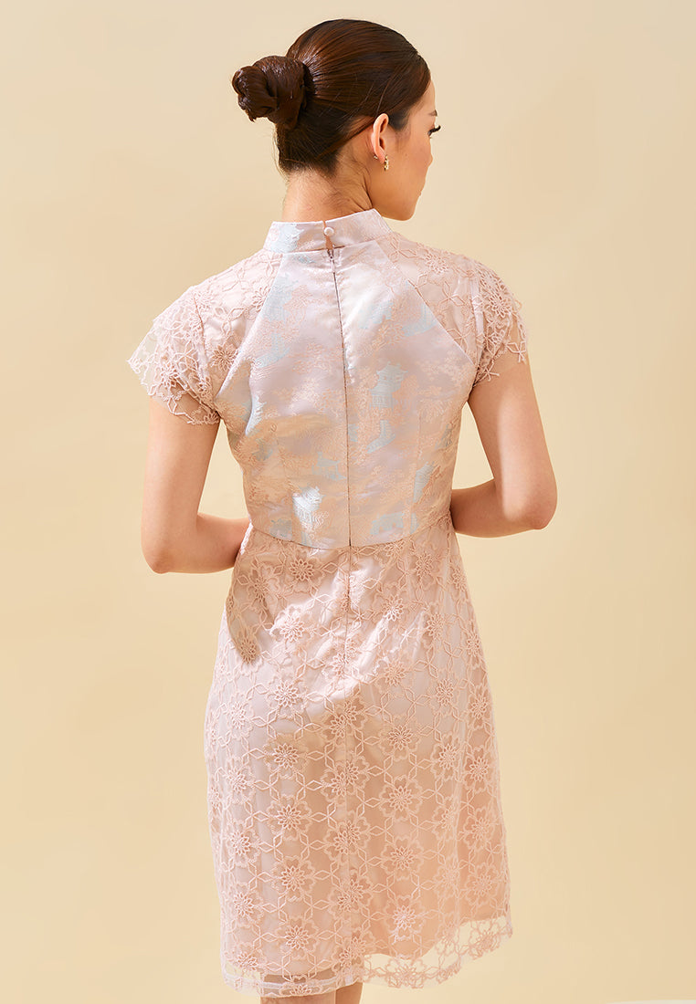 Mitchel Cheongsam Dress – Fit & Flare Floral Lace Qipao Midi Dress in Pink & Cream