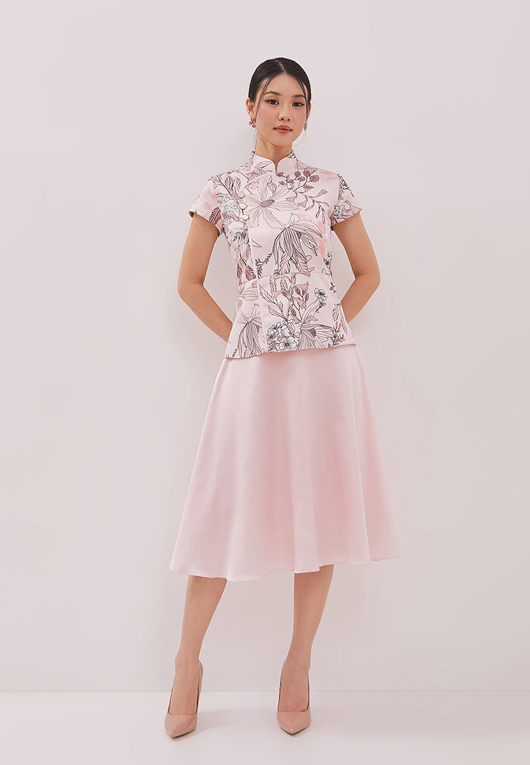 Penny Cheongsam Set - Top & Skirt Floral Pink (Pre-Order)