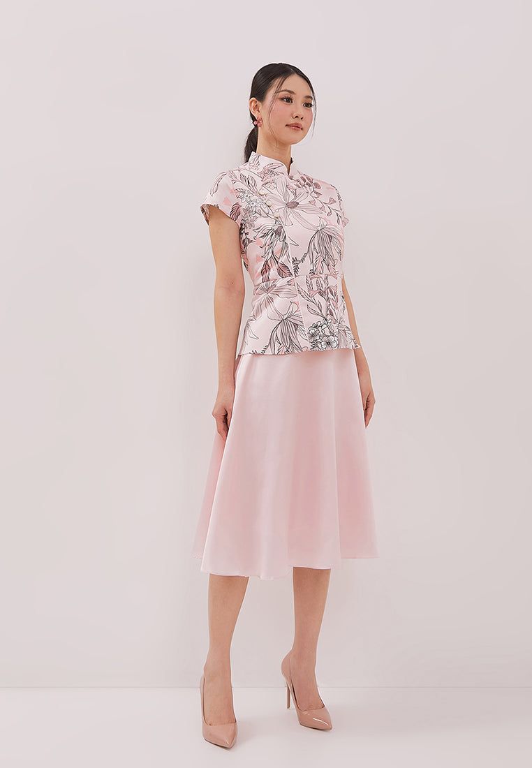 Penny Cheongsam Set - Top & Skirt Floral Pink (Pre-Order)