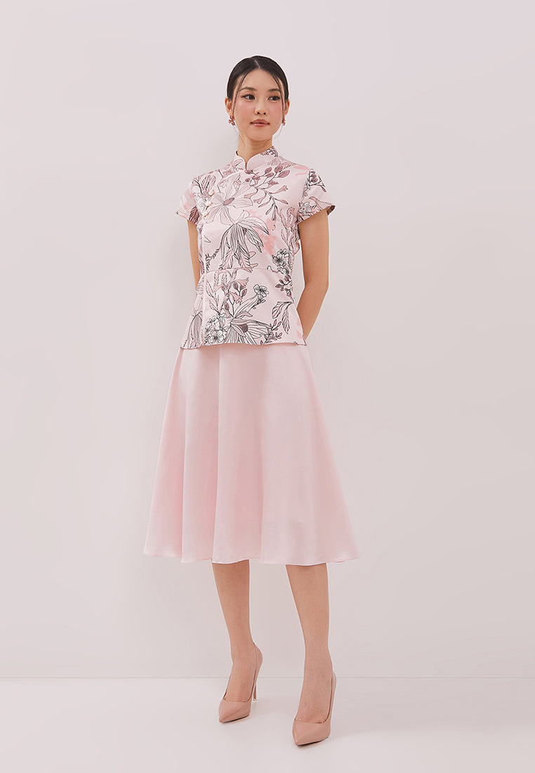 Penny Cheongsam Set - Top & Skirt Floral Pink (Pre-Order)