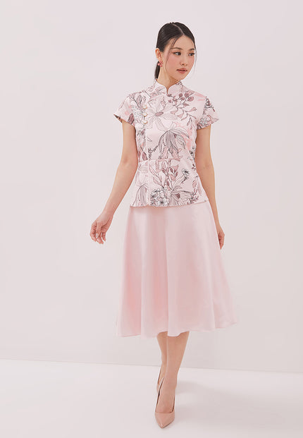 Penny Cheongsam Set - Top & Skirt Floral Pink (Pre-Order)