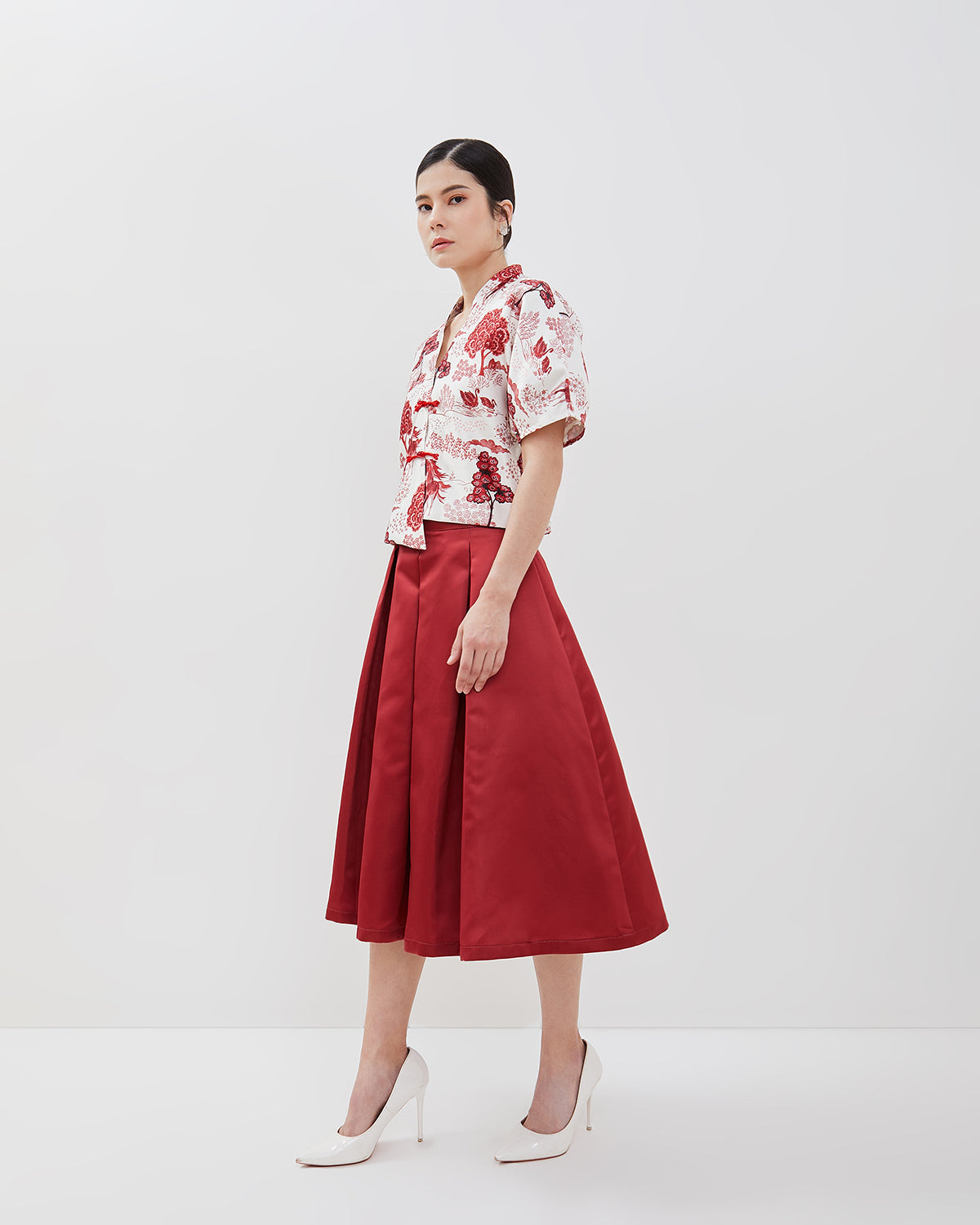 Sadie Cheongsam Skirt - Midi Pleated Satin Skirt (Pre-Order) – ESYE