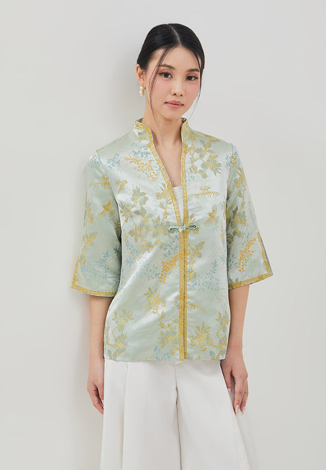 Aelin Cheongsam Outer - Embroidery Jacquard Green Outer