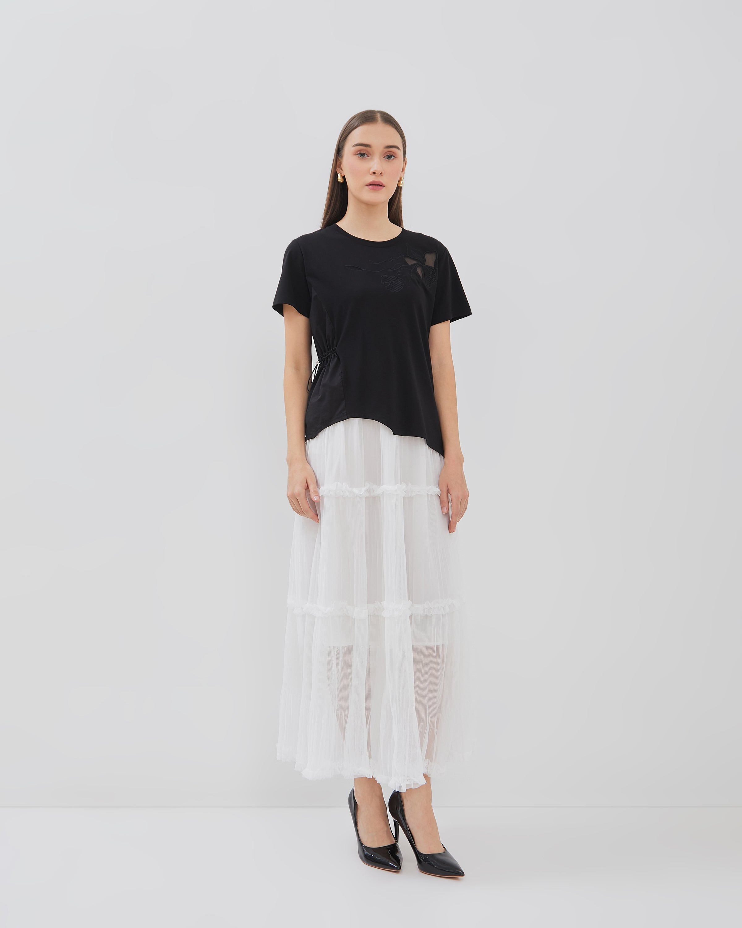 Solene Skirt - Long Pleated Skirt with Layer & Ruffle