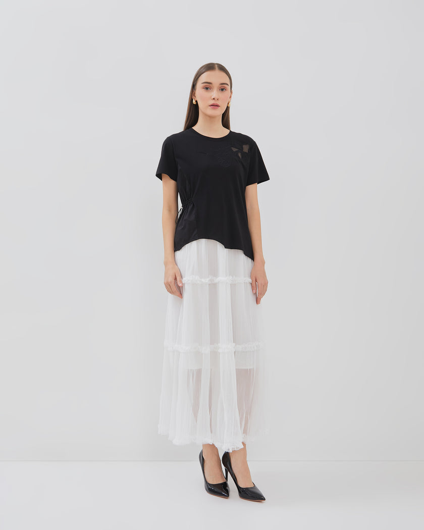 Solene Skirt - Long Pleated Skirt with Layer & Ruffle