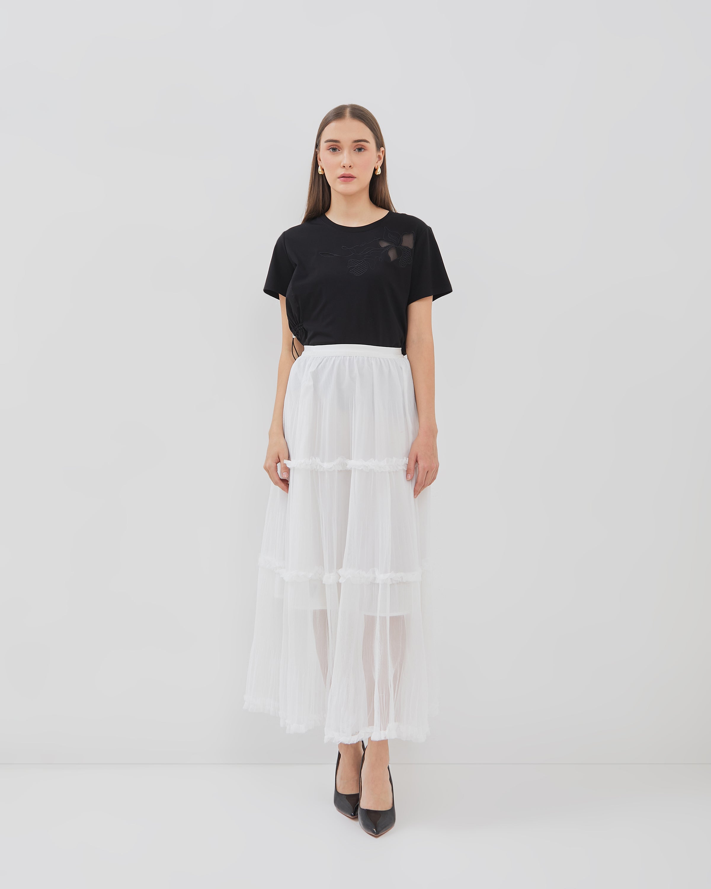 Solene Skirt - Long Pleated Skirt with Layer & Ruffle