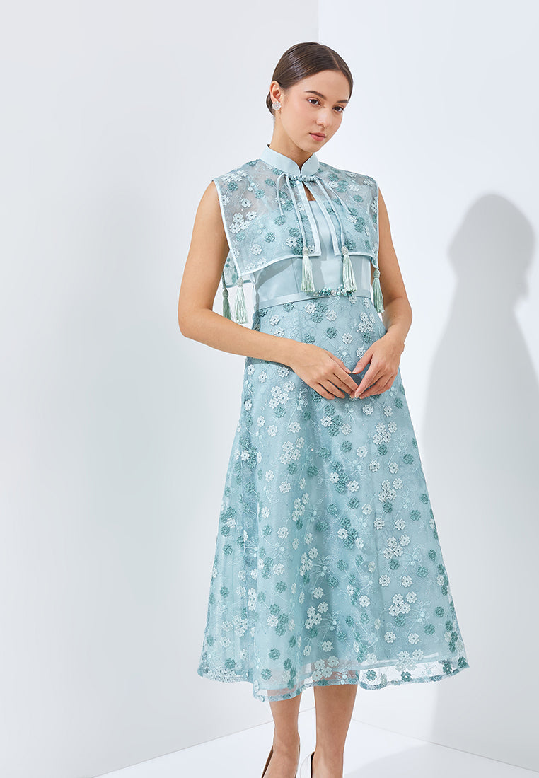 Neyrene Cheongsam Dress - Midi Sheer Cape Dress
