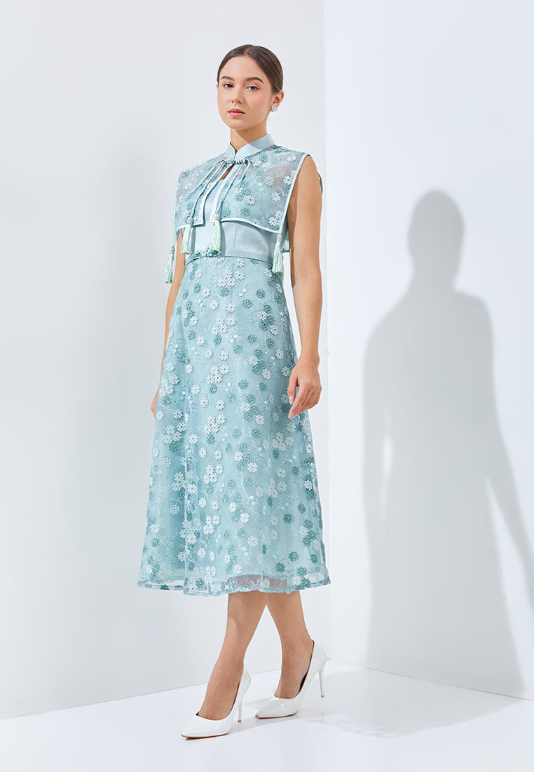 Neyrene Cheongsam Dress - Midi Sheer Cape Dress