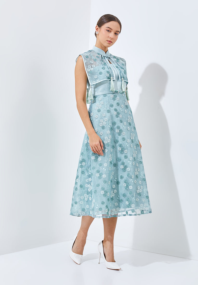 Neyrene Cheongsam Dress - Midi Sheer Cape Dress