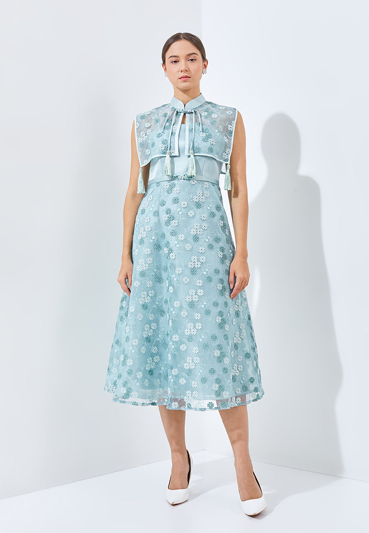 Neyrene Cheongsam Dress - Midi Sheer Cape Dress