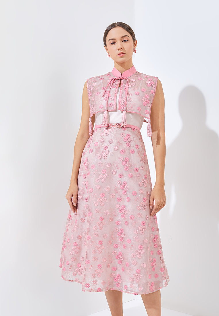 Neyrene Cheongsam Dress - Midi Sheer Cape Dress